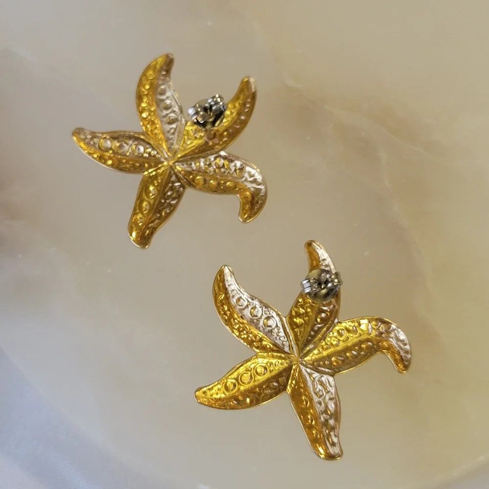 Vintage Gold Starfish Earrings Nautical Beach Sea 80s